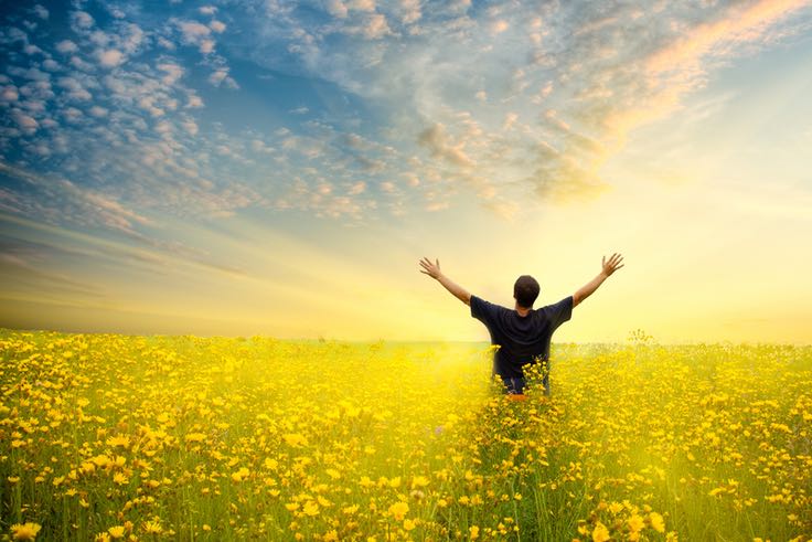 Man standing in field celebating with arms raised